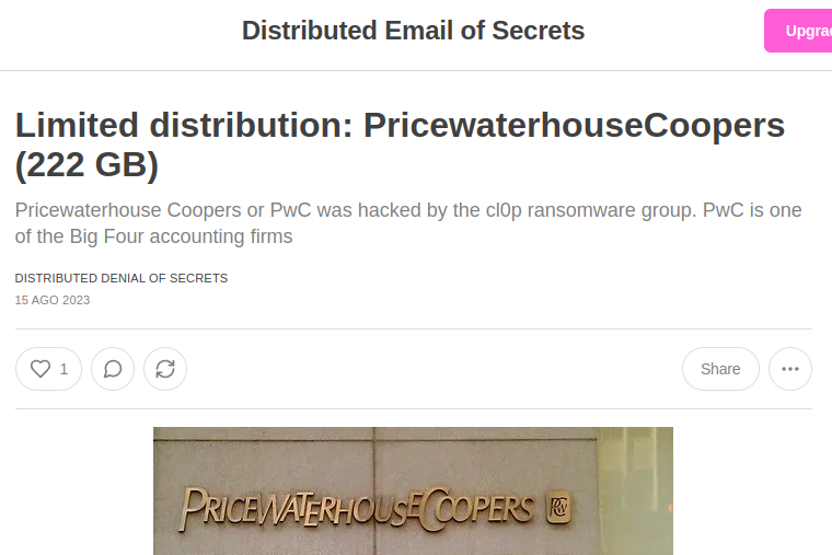 ⚠️Alerta: Se filtran 222 GB de archivos internos de la firma de contabilidad PricewaterhouseCoopers #PWC posterior al ataque del grupo de ransomware Cl0p. Los archivos incluyen documentos de clientes, archivos de recursos humanos y recursos compartidos de archivos de empleados.