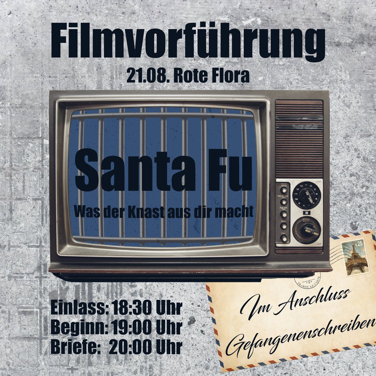 161_Norderelbe's tweet photo. Filmvorführung: Santa Fu
📅 21.08
⏰18:30 Einlass, 19:00 Beginn, 20:00 Gefangenenschreiben
📌 Rote Flora
#hh2108 #SantaFu #hamburg #Gefangenenschreiben https://t.co/RCMWUdeq1n
