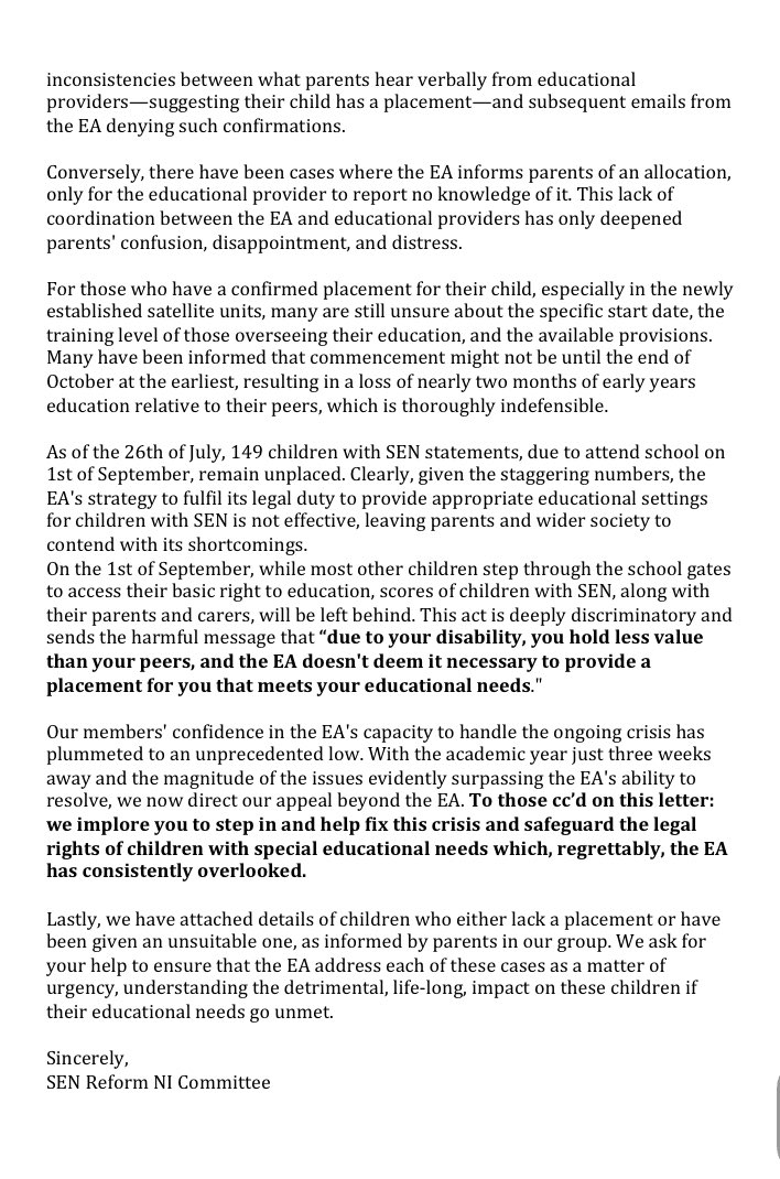 SEN Reform NI has sent this email to EA Senior Leaders, media, DoE & MLAs. Also enclosed was lived experiences of our members, which were quite frankly heartbreaking. We are calling upon the recipients to step up in relation to the crisis affecting our children. #educationforall