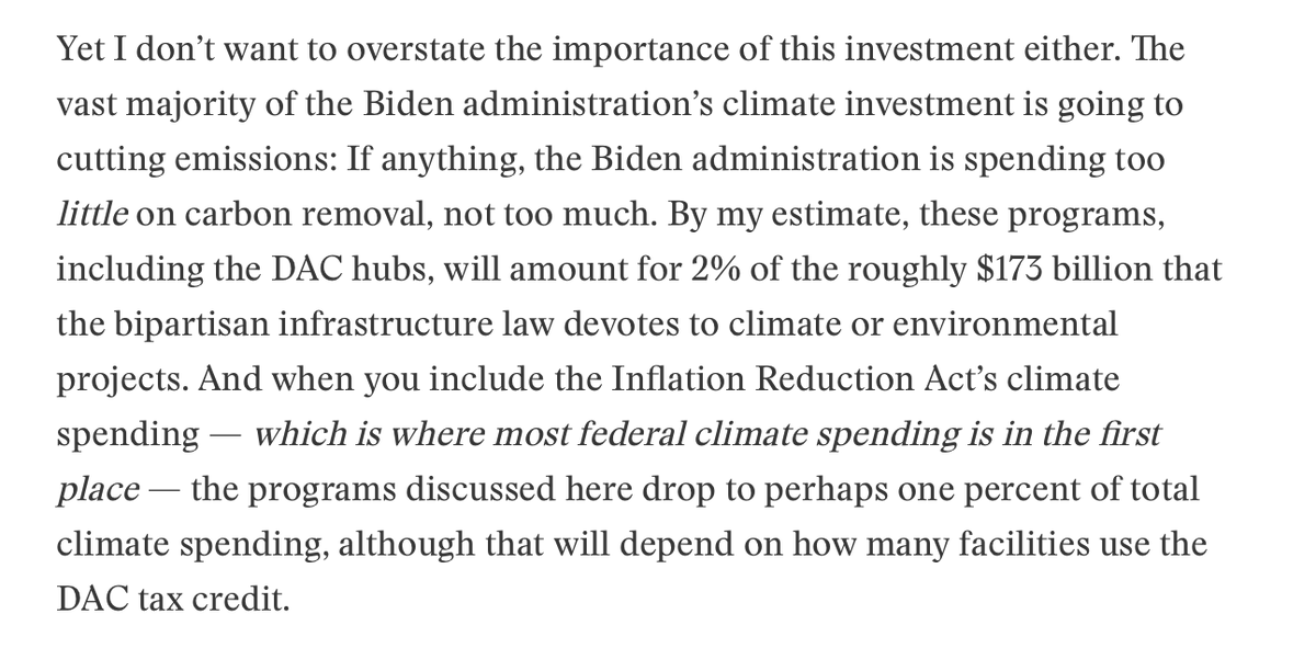 I radicalized myself while writing this story and now I’m wondering if the US is not spending *enough* on carbon removal. The DAC hubs are just 2% of the climate-related spend in the bipartisan infrastructure law. not the IRA — the infrastructure law.  heatmap.news/economy/carbon…