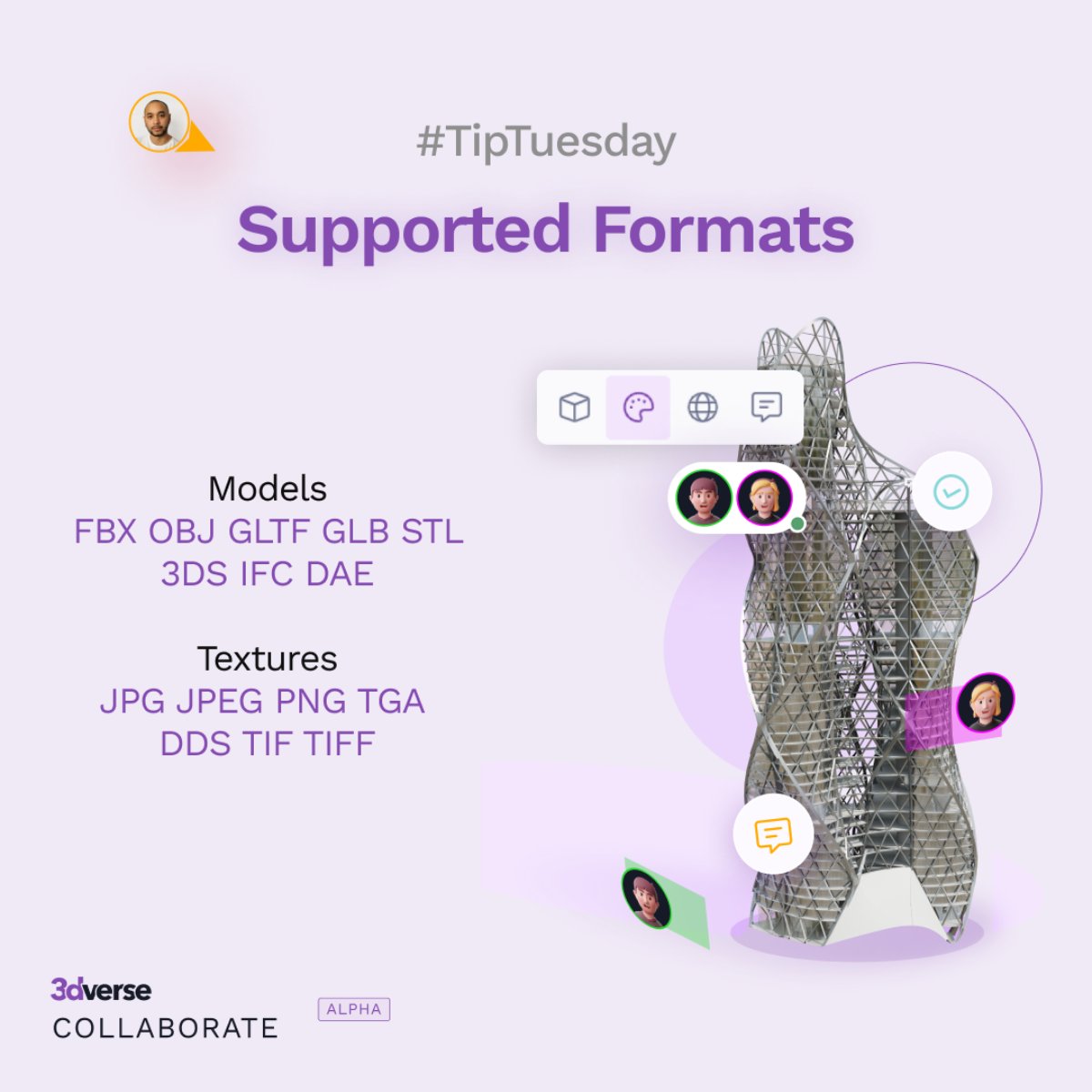 📷 #TipTuesday 3dverse Collaborate alpha supports multiple file formats for your models &amp; textures.
Which file format would you like our tool to support?
Reply to share. It's your turn to influence the evolution of the online viewer.
Model credit: Aken.io