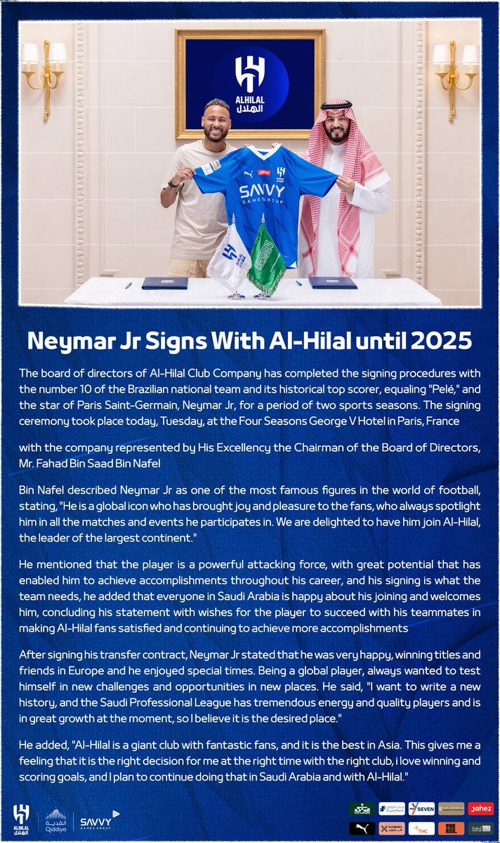 Alhilal_EN's tweet photo. 📝 Neymar Jr Signs With Al-Hilal Until 2025

#AlHilal 💙
#Neymar_Hilali https://t.co/Ll3FV6ouph