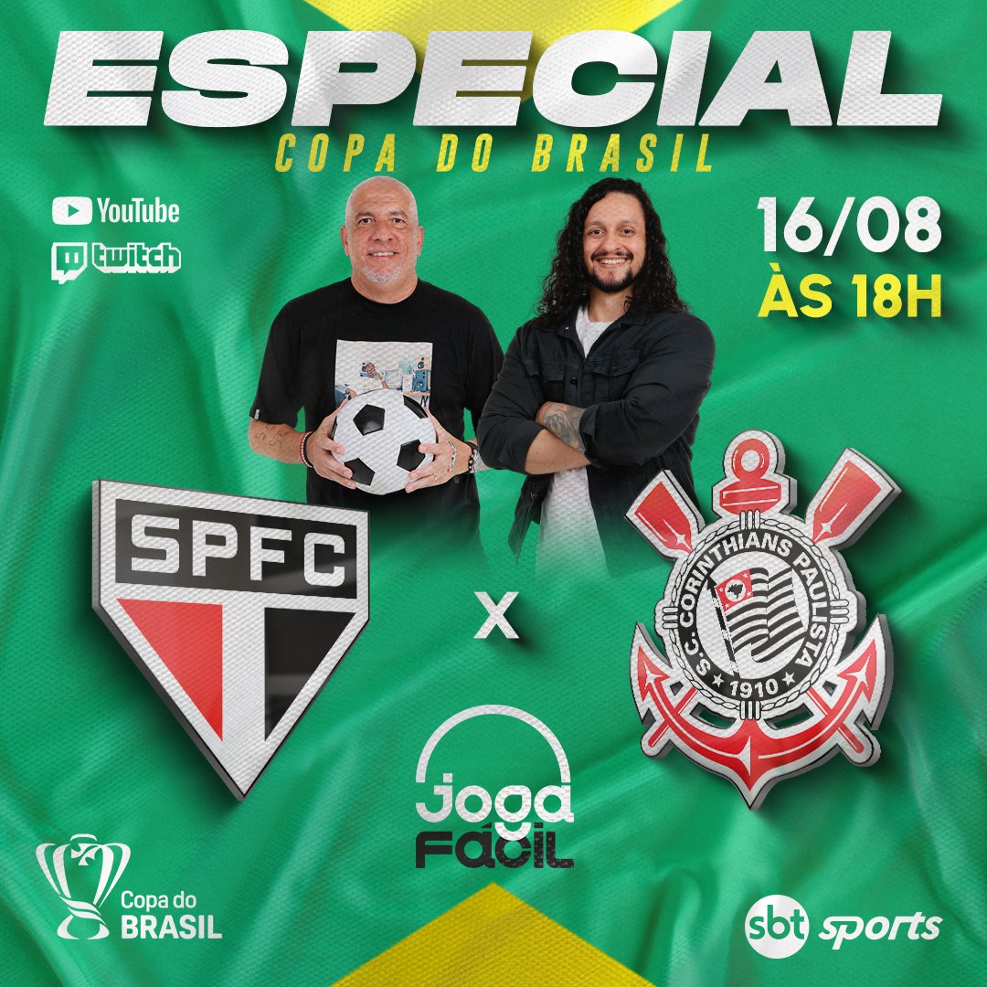 sbt_sports's tweet photo. Pré-jogo de São Paulo x Corinthians com Barolo direto do Morumbi? TEMOS ✅️

O #JogaFacil desta terça vai trazer tudo sobre o Mejostoso decisivo da Copa do Brasil 🔥🔥

📲 QUARTA-FEIRA (16), ÀS 18H, NO YOUTUBE DO #SBTSPORTS https://t.co/tNZFAzTyGs