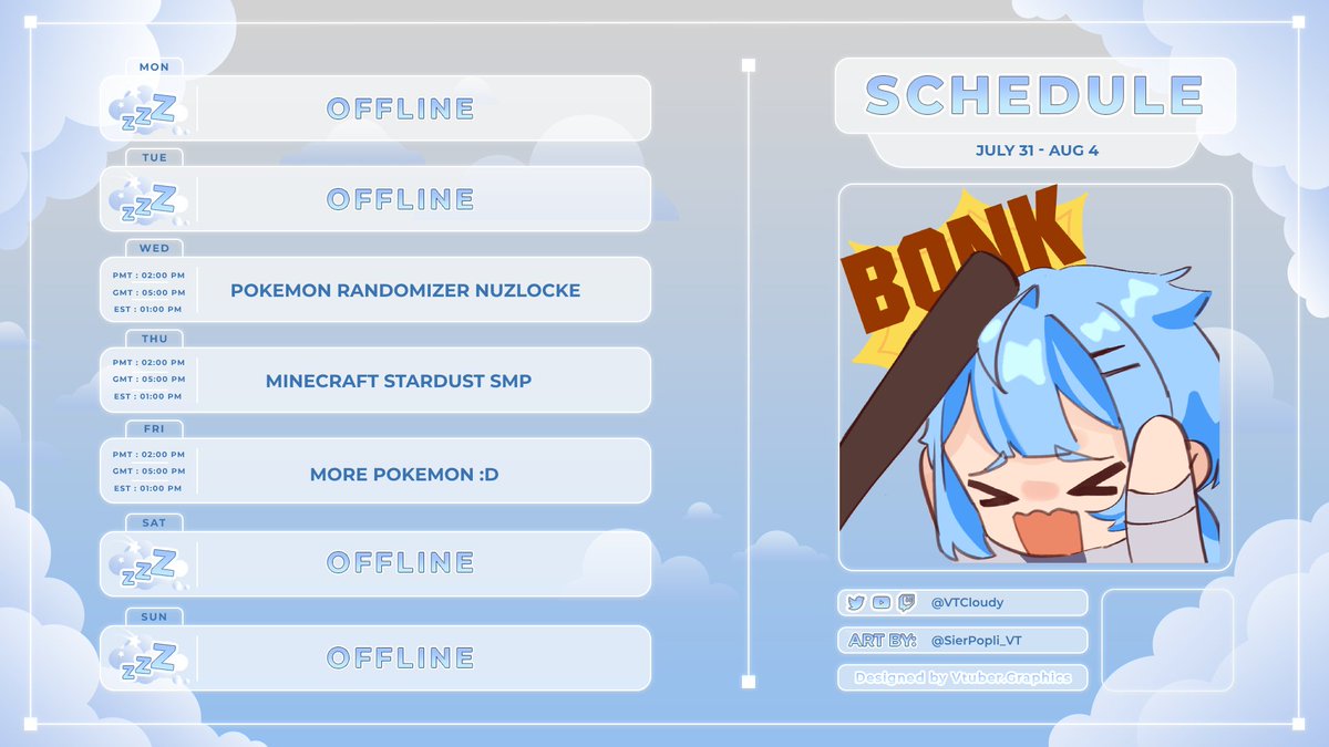 ShiunVT's tweet photo. CLOUD'S SCHEDULE FOR THE WEEK OF...
β¨8/14 - 8/20 β¨
FOR GENERAL: #CloudVonAerial
FOR ART: #cloudillust
FOR CLIPS: #CloudyClips
Thank you to @uwumedia for the amazing graphic! <3 https://t.co/6mYulpMMsH