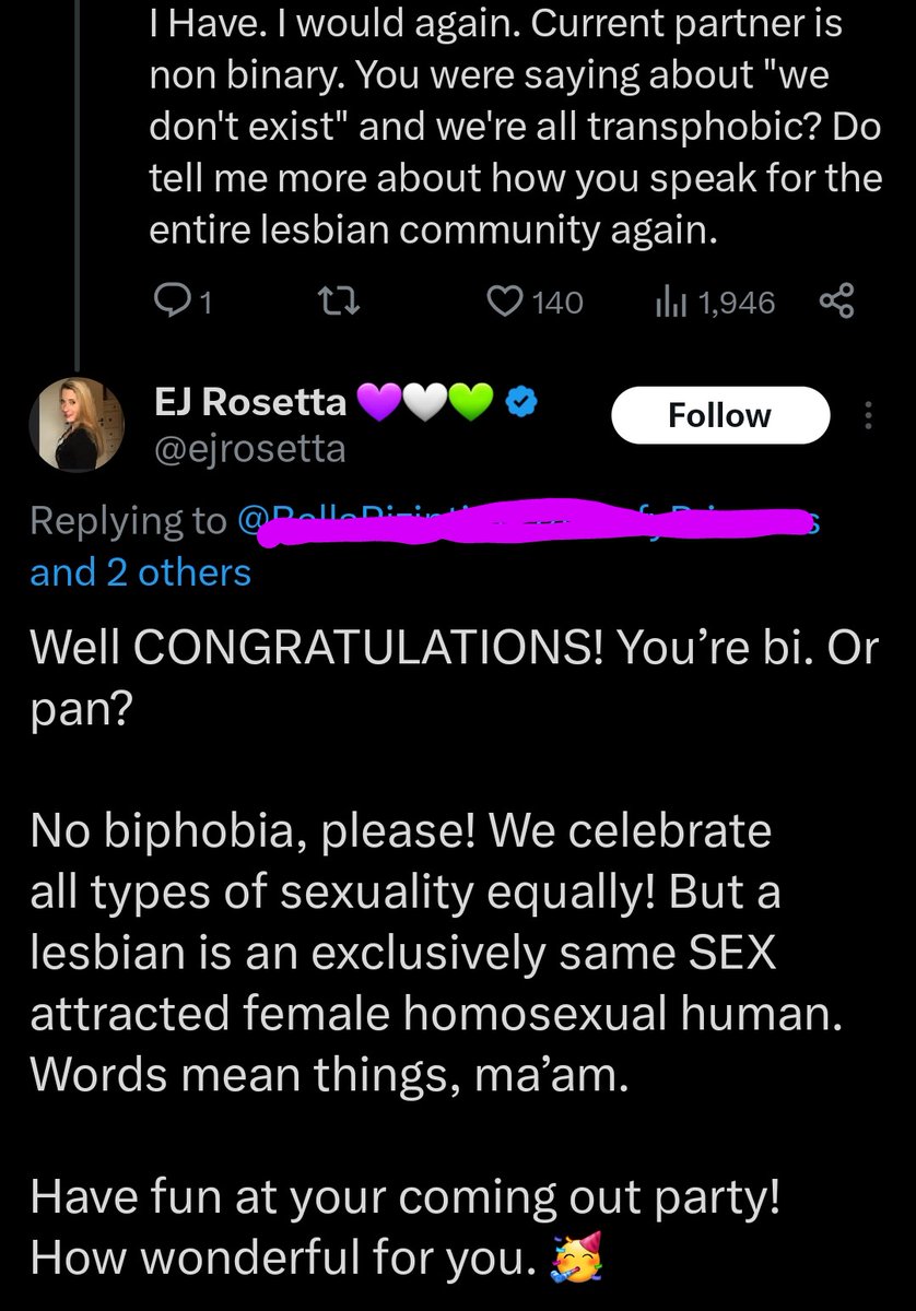 Typical GC cultist EJ. Context GC Cultist says lesbians aren't trans inclusive, when a lesbian disagrees EJ jumps in with the usual 'well you're not a lesbian so you don't count' biphobia.