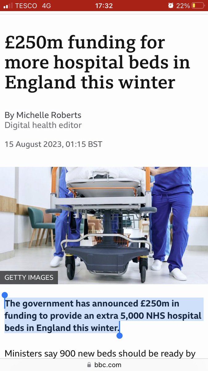 Dear @BBCNews I request a formal correction of this article It is inaccurate. In the leader you have stated that the govt are investing £250m for 5000 beds “THIS” winter. This is clearly not true in any way It is 900. By April ‘24 There will not be 5000 extra beds THIS winter