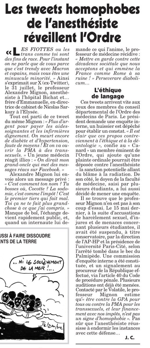 On lit dans le Canard ce qui avait déjà commencé à bruire ici : le mal nommé Pr Mignon ne se contente pas d’insultes homophobes, transphobes et misogynes en ligne, il est également mis en cause pour harcèlement sexuel, injures et menaces sur plusieurs étudiantes.

Zéro surprise.