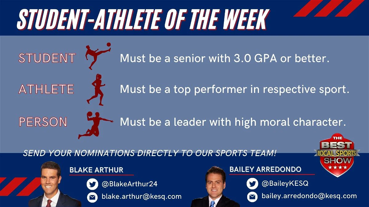Our Student Athlete of the Week segment returns a week from tonight but we need nominees for the 2023 schoolyear!

We're looking for seniors who are strong students, good athletes and outstanding people. 

Send us a nomination today!

<a href="/KESQ/">KESQ News Channel 3</a> @BaileyKESQ <a href="/Qassignmentdesk/">Rich Tarpening</a>