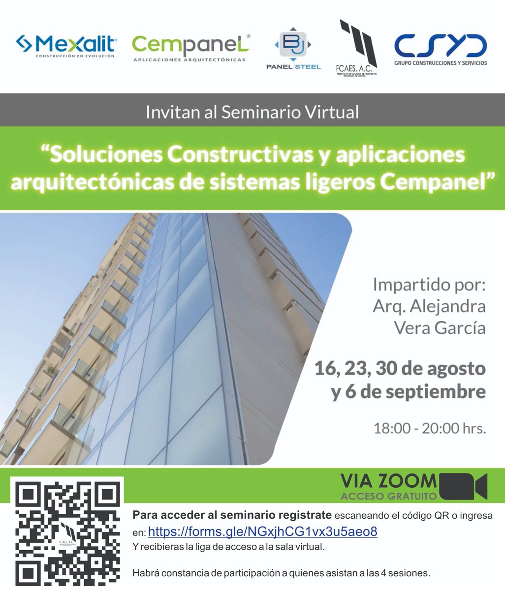 Impulsando la capacitación de nuestros agremiados

#cempanel, #mexalit y #jbpanelsteelnogales, prepararon un seminario virtual de 4 sesiones donde aprenderemos de sistemas ligeros de construcción, características, tipos de montaje y usos.
registro: forms.gle/NGxjhCG1vx3u5a…