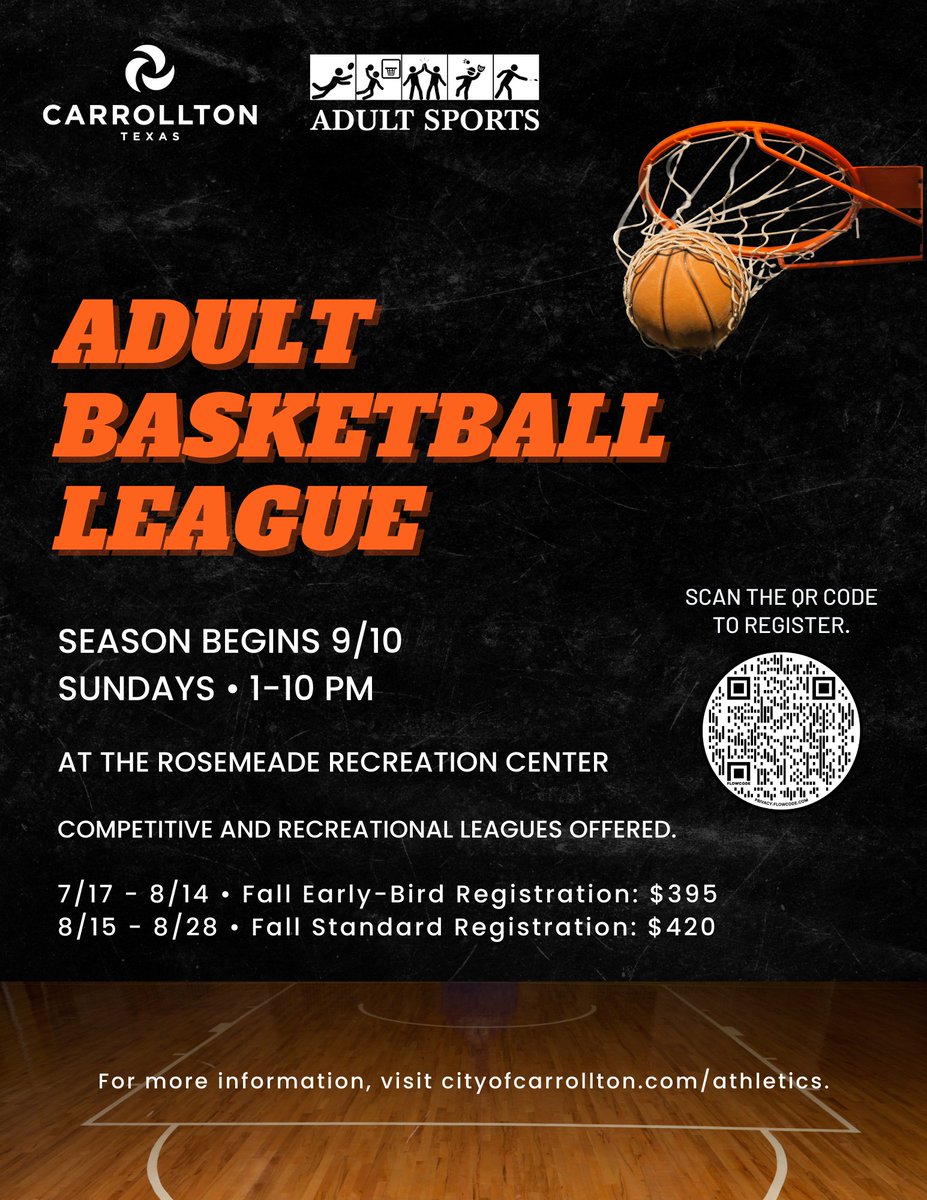 CarrolltonParks's tweet image. Reminder! 🔔 Fall Adult Basketball 🏀  League registration ends August 28th! If you or anyone you know are interested in participating, make sure to signup before the deadline! 📆  #adultbasketballleague #carrolltontx #fallball webtrac.cityofcarrollton.com/wbwsc/webtrac.…