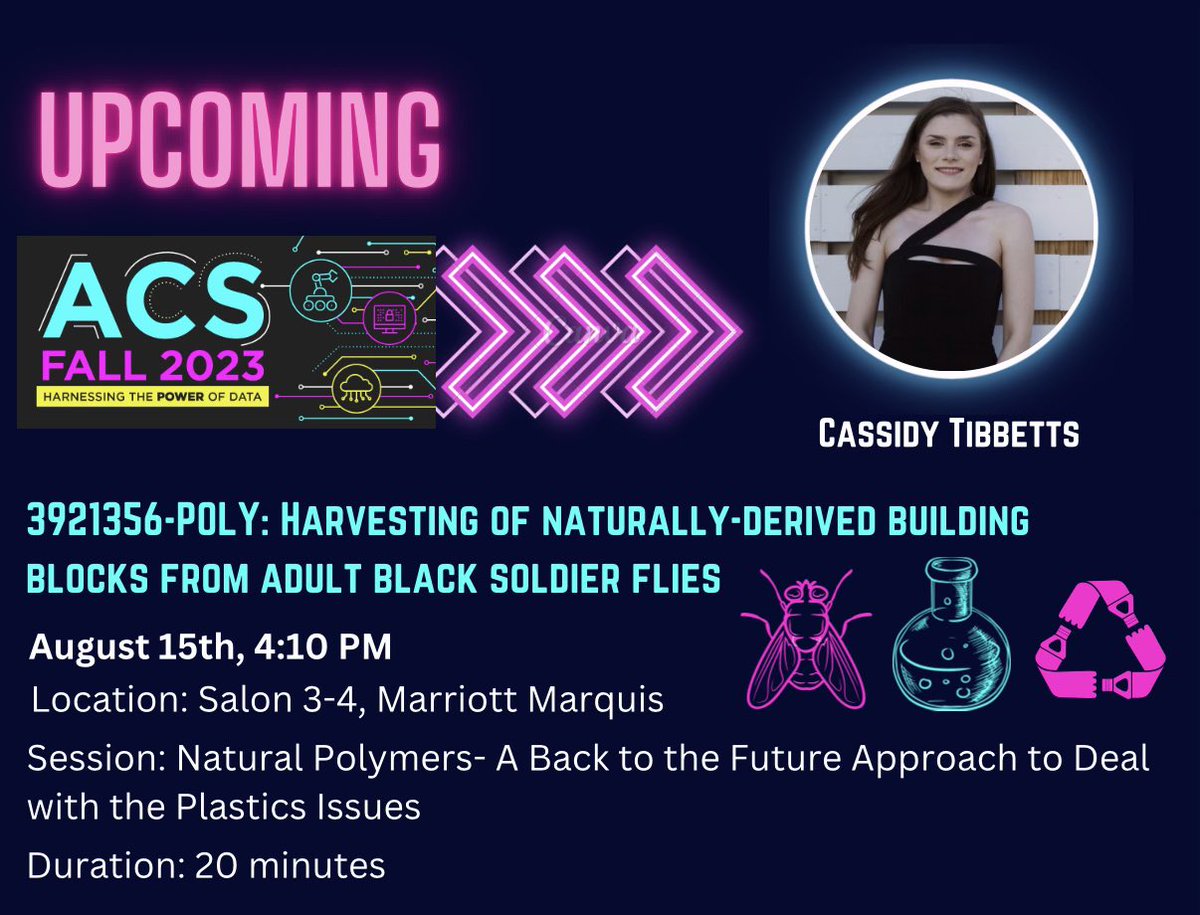 Wooley Research Group (@groupwooley) on Twitter photo Come stop by Cassidy’s <a href="/POLY_ACS/">ACS POLY Division</a> talk on a scalable process transforming adult black soldier flies into degradable plastics. 🪰
📆 8/15/2023
⏰ 4:10pm
📍 SF Marriot Marquis Salon 3-4
#ACSFall2023 <a href="/AmerChemSociety/">American Chemical Society</a> <a href="/karen_wooley/">Karen L Wooley</a> <a href="/FliesFacility/">Jeff Tomberlin</a> <a href="/TAMUChemistry/">Chemistry Department</a> Come stop by Cassidy’s <a href="/POLY_ACS/">ACS POLY Division</a> talk on a scalable process transforming adult black soldier flies into degradable plastics. 🪰
📆 8/15/2023
⏰ 4:10pm
📍 SF Marriot Marquis Salon 3-4
#ACSFall2023 <a href="/AmerChemSociety/">American Chemical Society</a> <a href="/karen_wooley/">Karen L Wooley</a> <a href="/FliesFacility/">Jeff Tomberlin</a> <a href="/TAMUChemistry/">Chemistry Department</a>