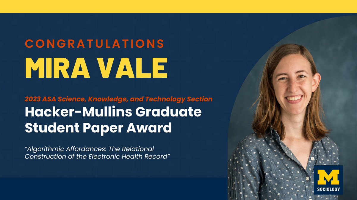 Congratulations to <a href="/miradvale/">Mira Vale</a> for her second #ASA2023 win, the Hacker-Mullins Graduate Student Paper Award in the Science, Knowledge, and Technology section.
