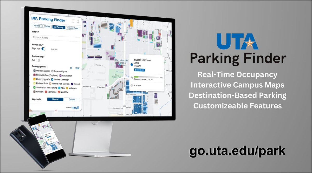 UTAMAVPark's tweet photo. 🚗 Say hello to the all-new UTA Parking Finder web app! 🗺️ Real-time parking availability, interactive maps, destination-based suggestions, and more. Make parking hassle-free. Customize your experience today: https://t.co/Li83Fb6ctr #UTA #Modii #MavUp 🅿️🚀 https://t.co/GwdXIVLINt