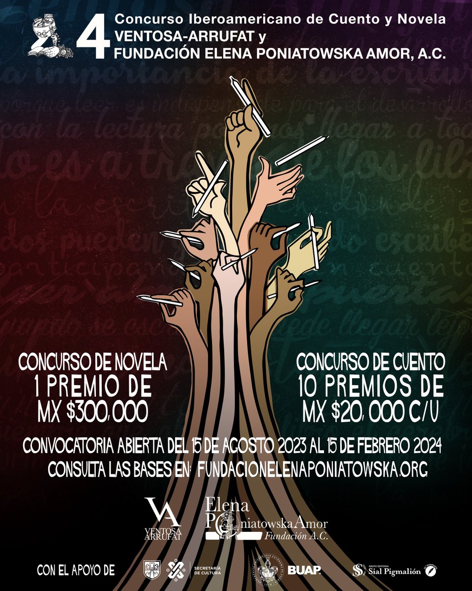 FEPoniatowskaA's tweet photo. ¡Convocatoria abierta! Cuarto Concurso Iberoamericano de Cuento y Novela Ventosa-Arrufat y Fundación Elena Poniatowska Amor, A.C. ¡Consulta las bases y participa! https://t.co/me6o1N5ZSs #Cultura #Concurso #Literatura #Libros #Escritura #Latinoamerica #Iberoamerica https://t.co/oW7OjFoNUN