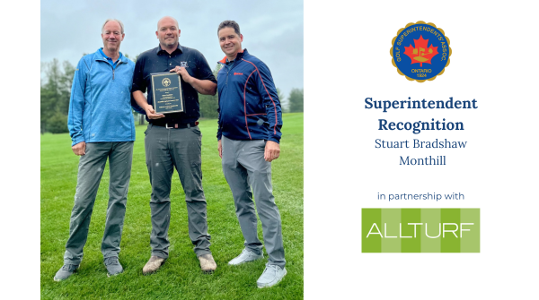 OntarioGSA's tweet photo. We are happy to present a plaque in honour of our #SuperRec program to Stuart Bradshaw @MontHill_Golf for preparing and hosting the Indigenous Ontario Championship! Thank you for your amazing work! Nice shot of Stu, #OGSA @RSOGCTurf & @AllTurf_LTD Mike Fraser β³ π https://t.co/5PrmJJZuWO