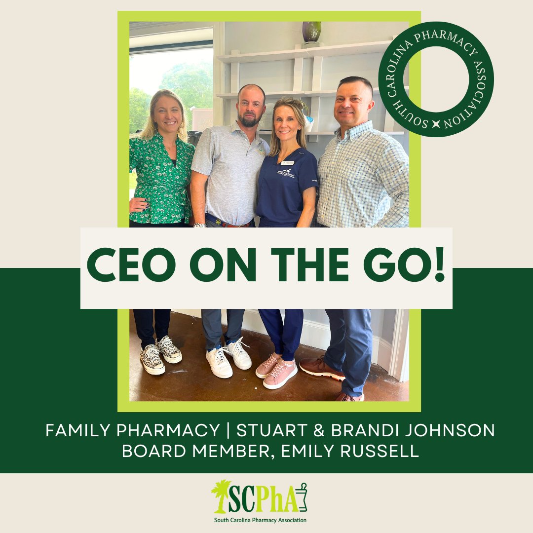 yourSCPhA's tweet image. Check out our #CEOontheGO! Brian Clark had the opportunity to visit with Stuart and Brandi Johnson, and Board Member, Emily Russell, from Family Pharmacy in Aiken, SC! Thank you for having us! #ForAllofPharmacy #ForAllofSouthCarolina

.

.

.

#IndepentPharmacy #FamilyPharmacy