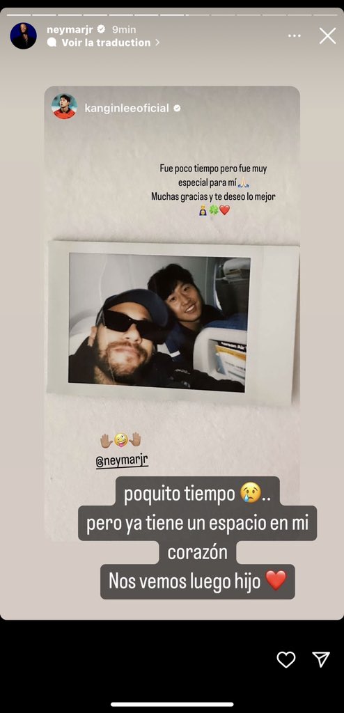 Neymar responds to Kang-in Lee’ message: “Just a little time 😢.. but you already have a place in my heart. See you later son ❤️.” 📲🇧🇷🇰🇷