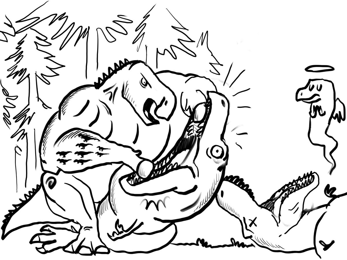 Edmontosaurus according to Dr. Naish. Seems evident to me now that the hooves were there so it could stick them inside the T. Rex's jaws and dislocate them with more ease without getting fingers bitten off. We were robbed of this scene in PhP2