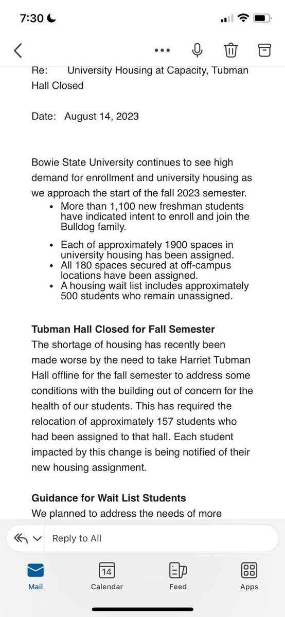 johnholmesii's tweet image. @fox5dc Bowie State yet again has a housing shortage. Attached is the notice my daughter received two weeks before school starts.