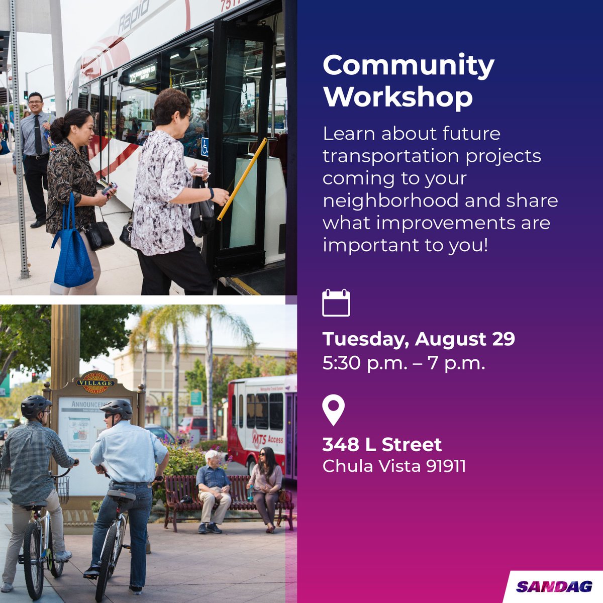 What will getting around your neighborhood look like in the future? You have a say! Join SANDAG at this event to get involved! ​Food (while supplies last), childcare, and interpretation provided! RSVP here for a reminder to come. bit.ly/SANDAGCommunit… @SANDAG