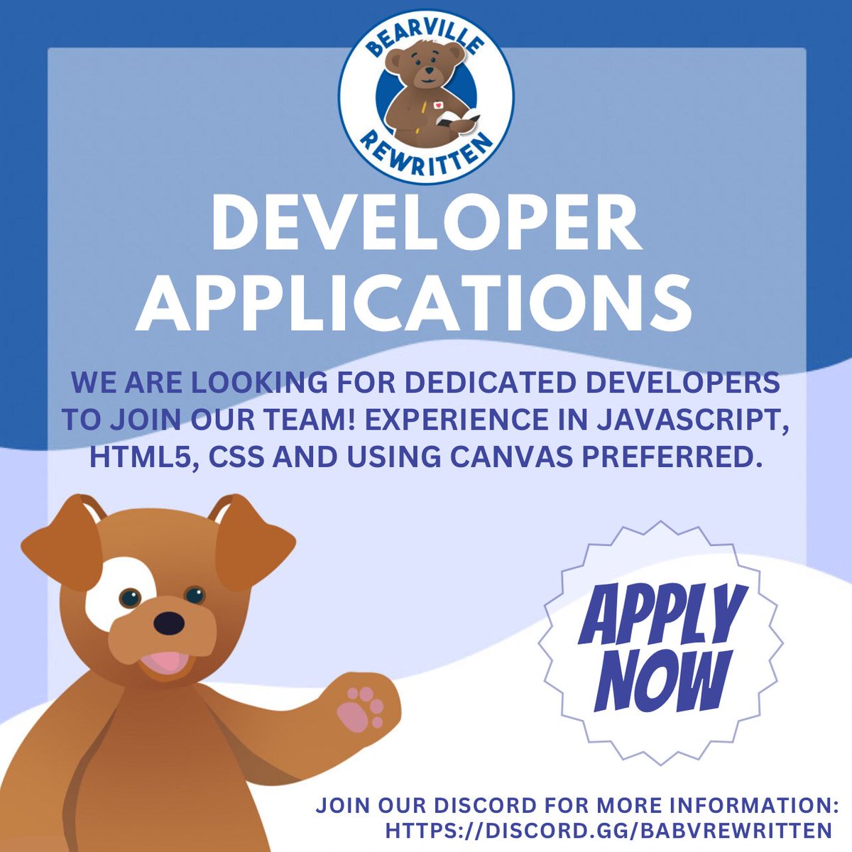 BABVRewritten's tweet photo. ATTENTION PLEASE RETWEET TO HELP US OUT!

We are now hiring Developers for Bearville Rewritten. Please apply using the form linked if you are interested.
We urge you to retweet and help us find developers to get the game running as soon as possible. 
https://t.co/ndAT2KC0pH https://t.co/EggxkUwDoz