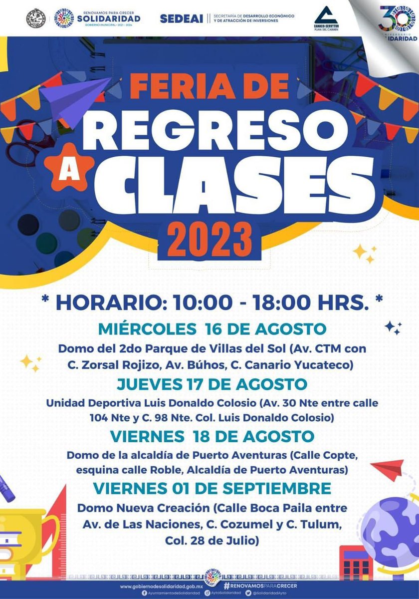 ¿Ya tiene los útiles para este #RegresoAClases? El @SolidaridadAyto, a través de la Secretaría de Desarrollo Económico y de Atracción de Inversiones, invita a la Feria de Regreso a Clases 2023, del 16 al 18 de agosto y 1 de septiembre. Habrá descuentos. <a href="/PlayaCanaco/">CanacoPlayaOficial</a> #AgendaQR