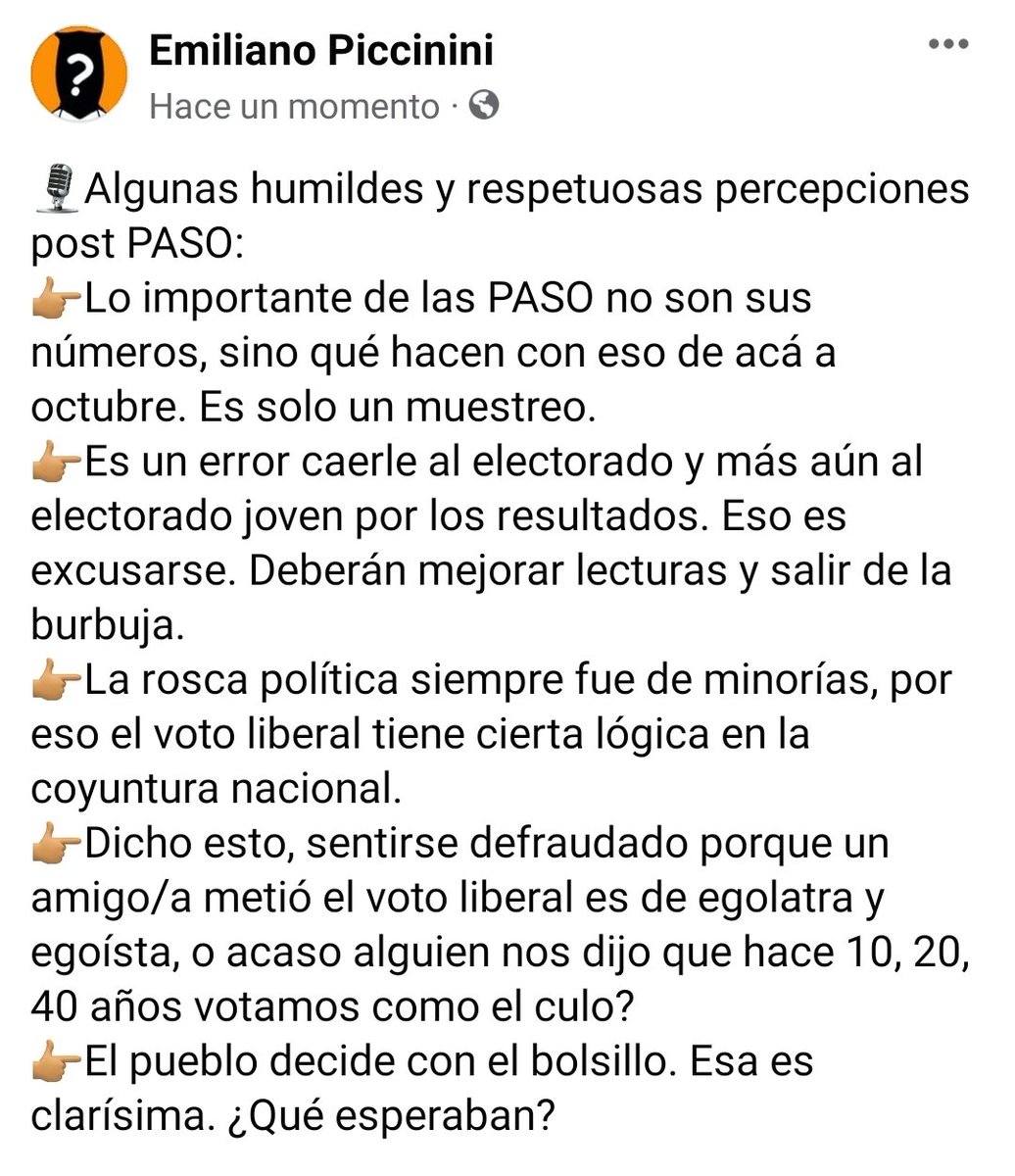 EmilianoPichi's tweet photo. Pocas, humildes y respetuosas percepciones. Tranca que ahora se reconfigura todo. El análisis profundo de las PASO le corresponde a la clase dirigencial, no se copen con el índice que se les va a acalambrar! https://t.co/LW94C8390U