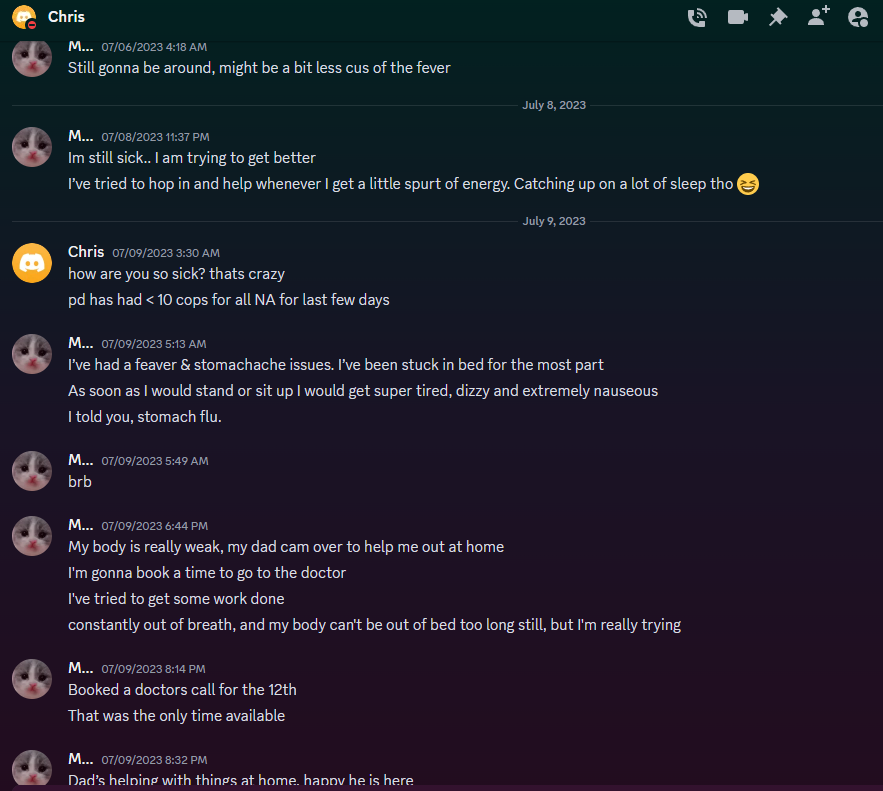 PMA_Micky's tweet photo. I talk about being sick to him and him not showing any care towards me. Here is our discord conversation. All he asks about is work. Doesn't show any care for my wellbeing despite being his "grilfriend" at the time. https://t.co/JZPlexVypj
