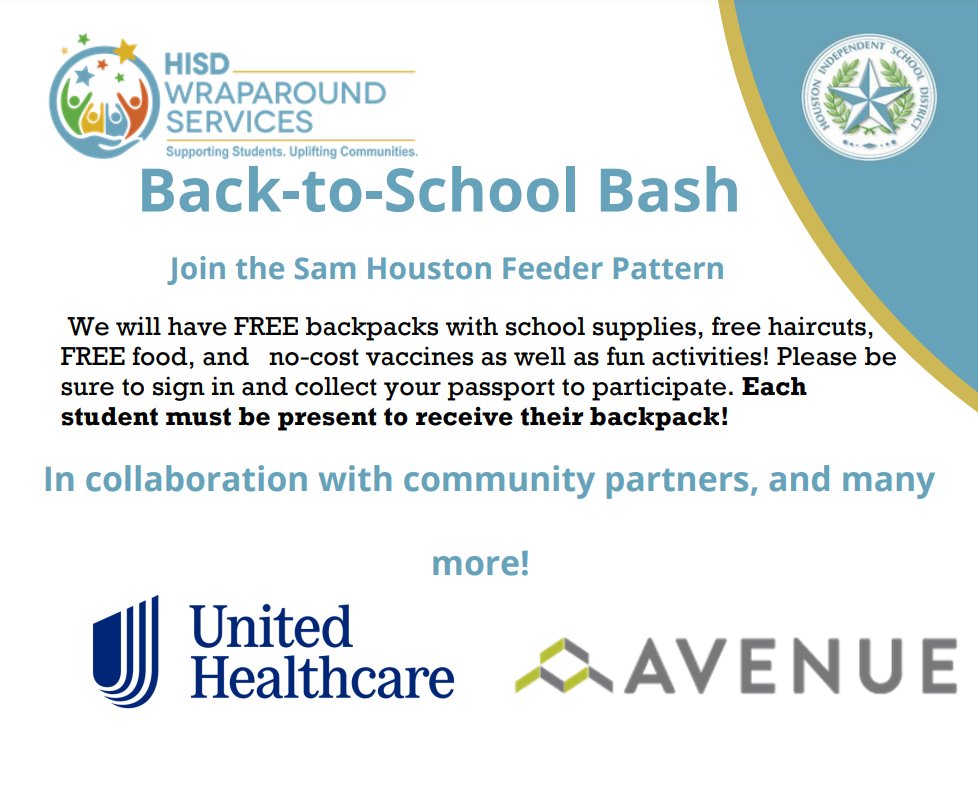 Parents, students, and community, please join us for our annual back to school bash at Houston MSTC on Saturday, August 19th, from 9am until 12pm. There will be over 1,000 free backpacks and school supplies! We will also have free food, fun activities, and more! Join us!
