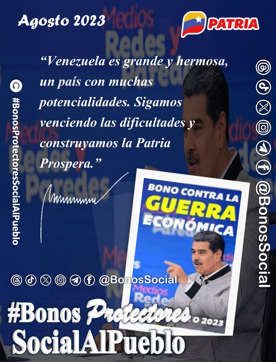 🚨 #ATENCIÓN: Funcionarios y funcionarias recibirá la notificación al numero 3532 del #SistemaPatria:

“Venezuela es grande y hermosa, un país con muchas potencialidades. Sigamos venciendo las dificultades y construyamos la Patria Prospera.”

<a href="/BonosSocial/">Bonos Protectores Social Al Pueblo</a>
#InnovarParaCrecer