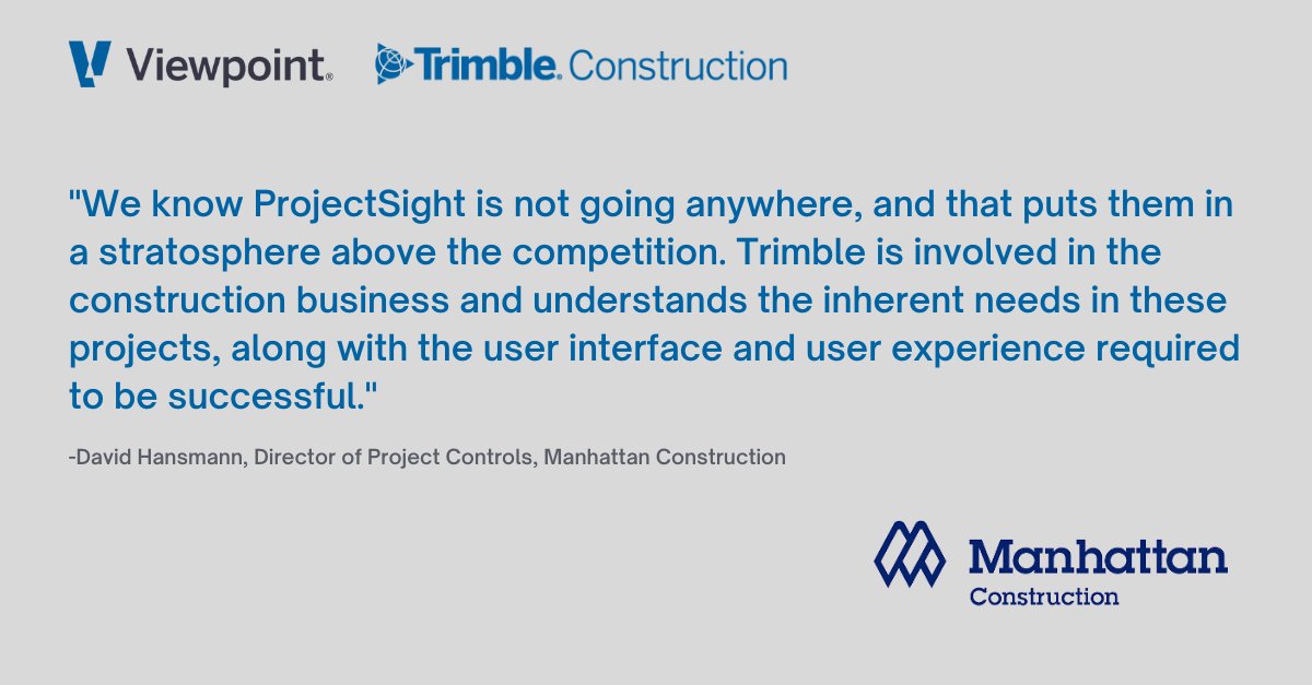 At Trimble Viewpoint, we strive to create great products that will help our customers achieve greatness. 

Learn how Trimble ProjectSight helped the Manhattan Construction Company manage budgets and change management with ease!
bit.ly/3Kqq9VC