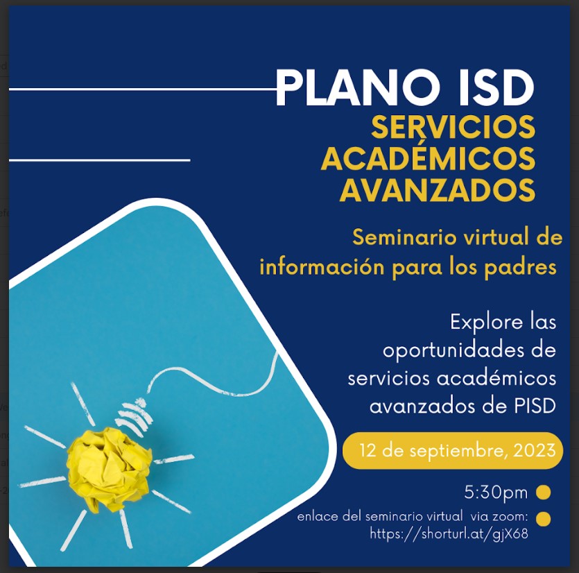 Plano_Schools's tweet photo. Learn more about our advanced academic programs and how they can benefit your child's educational journey by attending our webinar on September 12 at 5:30 PM! Don't miss the chance to engage with our experienced educators and get all your questions answered!
#LevelUpPlanoISD https://t.co/7101TSmJUB