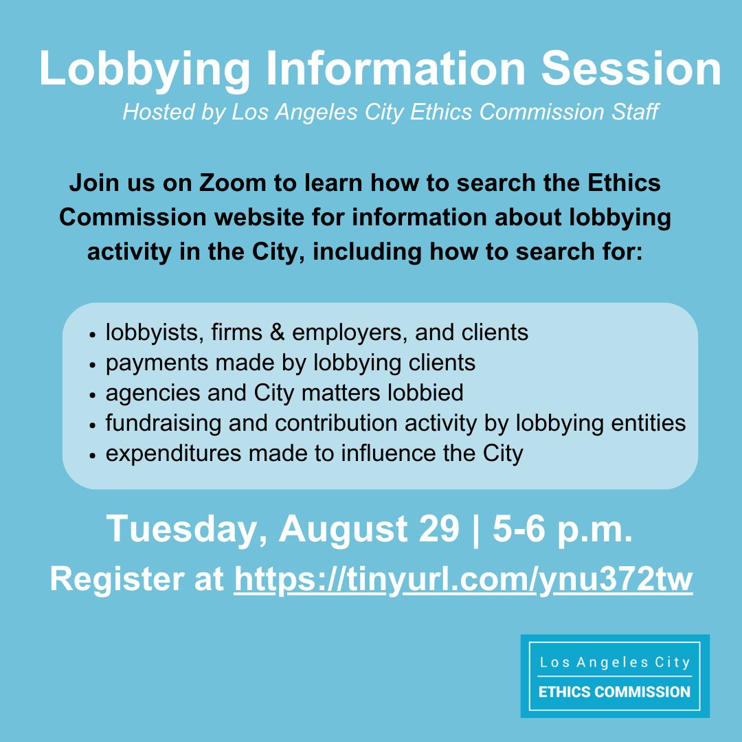 LA City Ethics Commission staff to host virtual lobbying information session on Tuesday 8/29/23 @ 5 pm to show Neighborhood Council members how to search for information about lobbying activity in the City.

RSVP to reserve your spot for this Zoom session: zoomgov.com/meeting/regist…