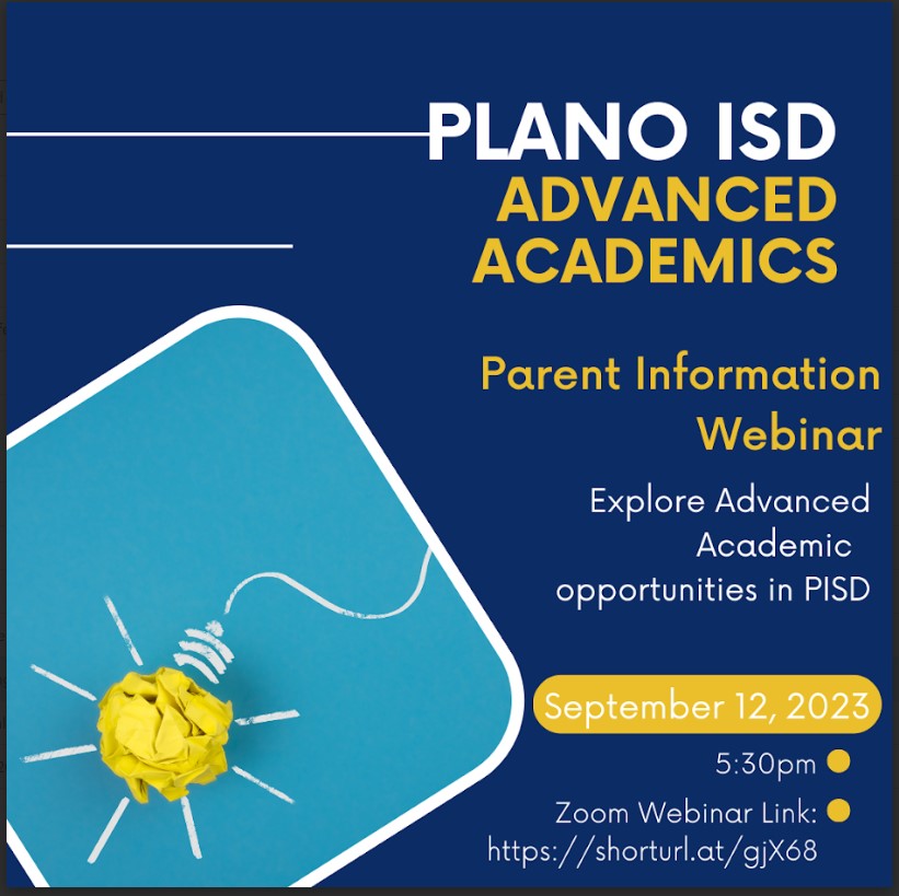 Plano_Schools's tweet photo. Learn more about our advanced academic programs and how they can benefit your child's educational journey by attending our webinar on September 12 at 5:30 PM! Don't miss the chance to engage with our experienced educators and get all your questions answered!
#LevelUpPlanoISD https://t.co/7101TSmJUB