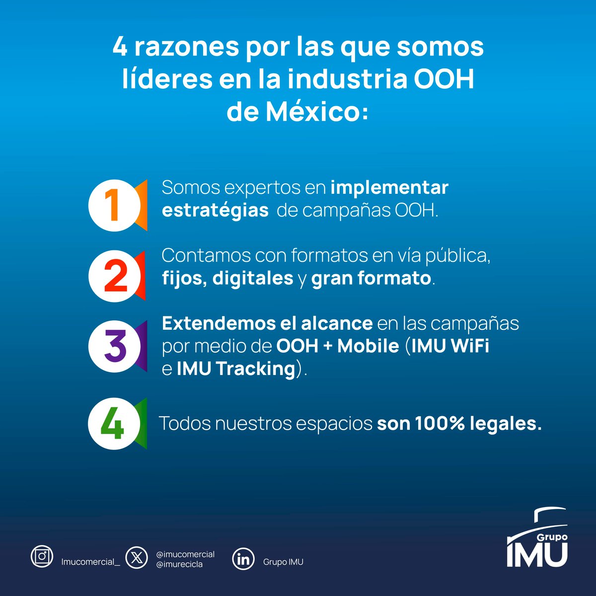 Nos hemos posicionado como líderes en #publicidad exterior en México, te compartimos algunas de las ventajas de implementar tus campañas #OOH  con nosotros.
#publicidad #hacemosmejoresciudades #razones