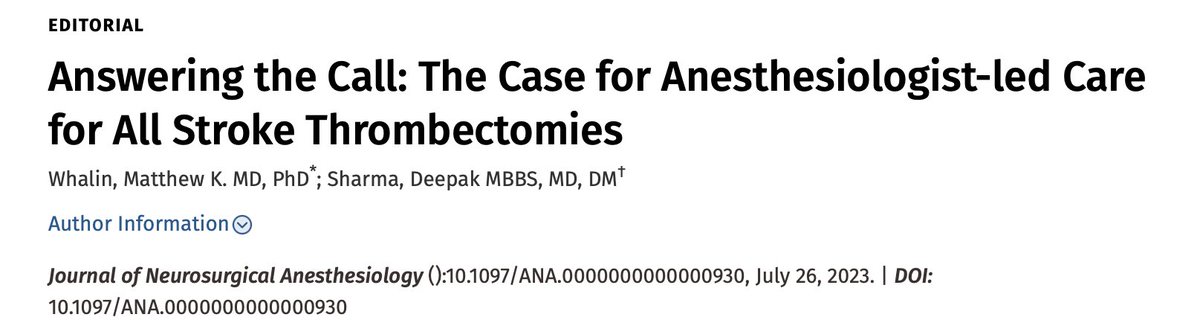 deepak_neuro's tweet photo. There are still institutions where anesthesiologists are not involved or involved only ad-hoc in #stroke thrombectomy. In this editorial @JNeurosurgAnes we offer at least 10 explanations how anesthesiologists enhance #quality & #patientsafety while advancing #reaseach & education https://t.co/oJClZ1sN71