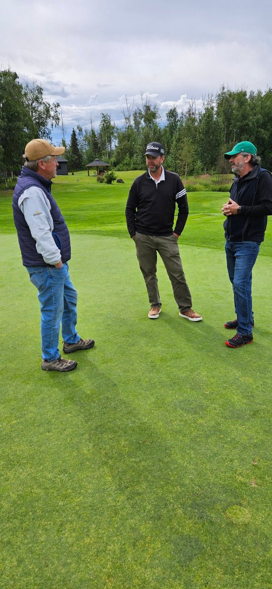 GCSAA_NW's tweet photo. Settlers Bay Golf Course Superintendent, Amos Stephens gets a rare opportunity to spend the entire morning with two of you industries best. So grateful to have @FredYelverton and @ArkansasTurf with me this week in Alaska.
#DLI #Winterdamage #Seedheadcontrol #Daylength https://t.co/oMXy86AGNG