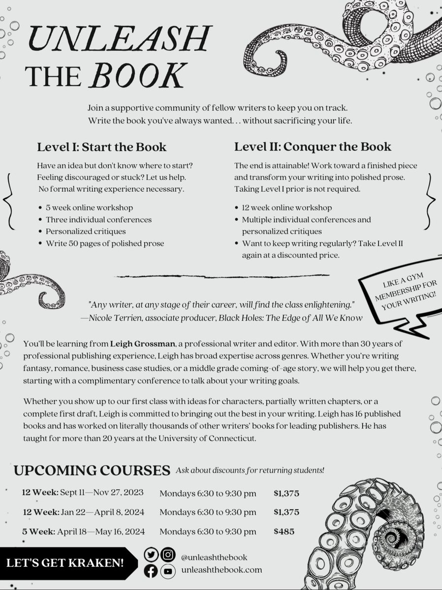 BookUnleash's tweet photo. Write the book you’ve always wanted…without sacrificing your life! Check out our upcoming online courses,  including our 12-week fall course starting Monday, September 11th. Visit https://t.co/fRdy1efBxn to learn more! 

@SwordsmithLRG #onlinecourse #writing #creativity https://t.co/gBMS8DKTqG