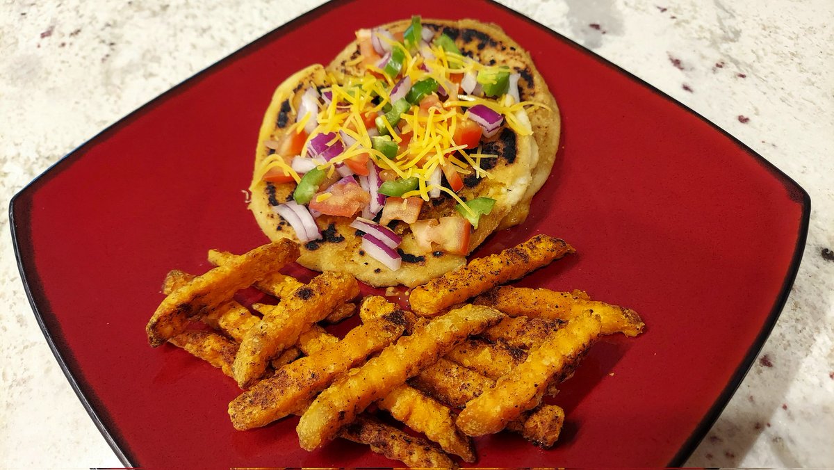 Loaded Chicharron Pupusas with Chili Pepper Sweet Fries. 😋

#FoodPorn #Foodie