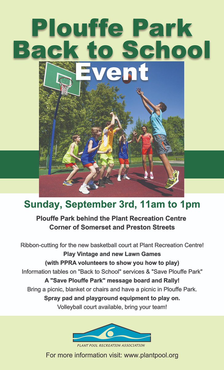 plantpoolRA's tweet photo. Free Back to School Event at Plouffe Park on Sunday Sept 3 from 11 to 1pm. Ribbon-cutting for the new basketball court! Try the lawn games, check out the information tables, bring chairs and a picnic and enjoy Plouffe Park! https://t.co/yTUu9sHpl1