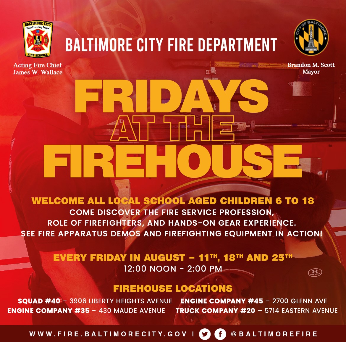 Are you looking for something fun for kids to do before back to school starts? Then you don't want to miss <a href="/BaltimoreFire/">Baltimore Fire</a>  Fridays at the Firehouse! There will be lunch, games, tours of the fire stations and more on Aug 18 &amp; 25 from 12-2 pm. #baltimore #backtoschool