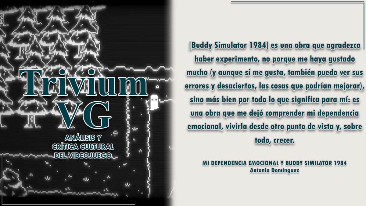 ¡Nuevo texto en #TriviumVG!

En esta ocasión, @Antoniodmgzp escribe sobre Buddy Simulator, videojuego de <a href="/not_sailor/">Beneath the Frost | Not a Sailor Studios</a>, y de cómo este le ayudó a comprender su dependencia emocional.

¡Link en el siguiente tweet!