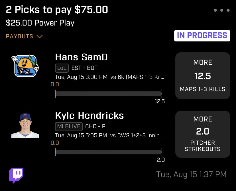 JbeastDFS's tweet photo. My taco pair for tonight, Hendricks has pushed or gone over in 6/7 games at home, pushed against them in a recent matchup, I think he can sneak one more tonight.

Sitting pretty for this EST series either way in the Dubclub 😎

#GamblingTwitter #prizepicklocks https://t.co/EsZGzRqqm4