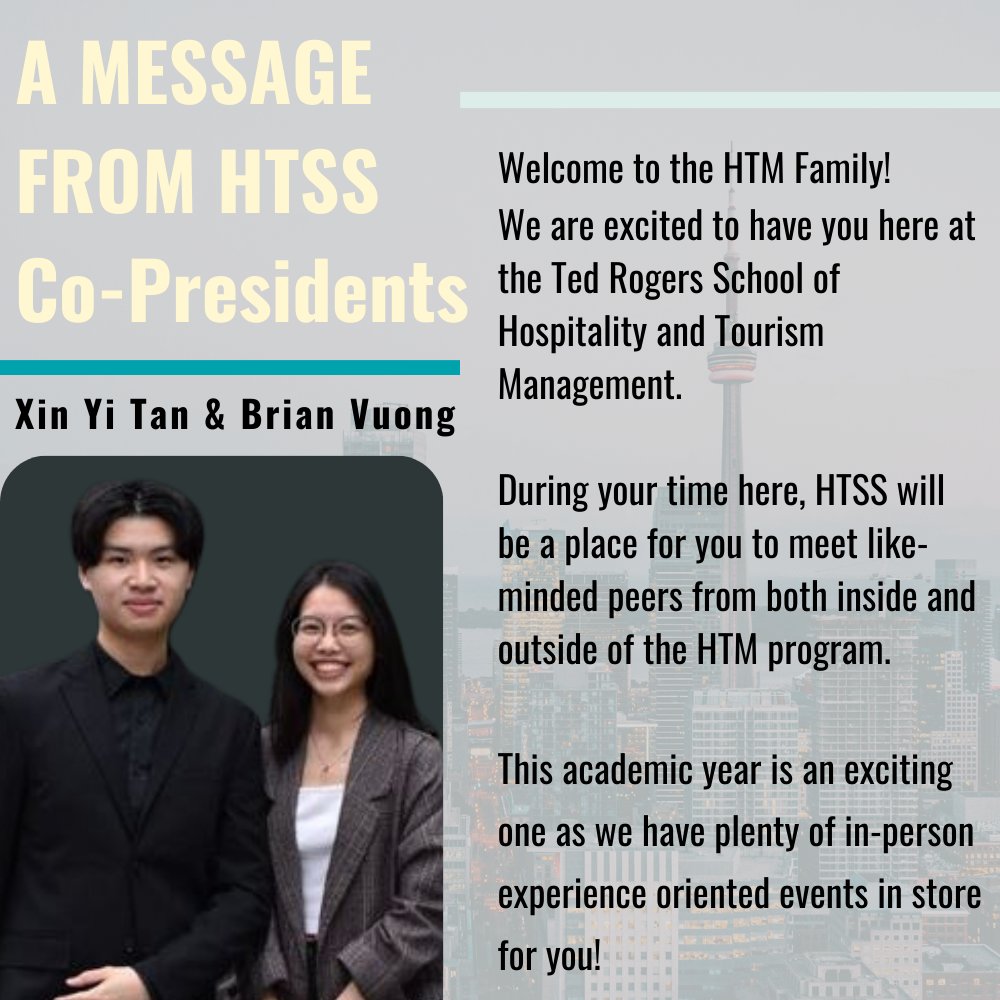 We are excited to welcome our incoming #HTMTorontoMet students! Here is a message from our Director, Dr. Frederic Dimanche, and our Hospitality Tourism Students' Society <a href="/htssociety/">HTSS</a> Presidents, Xin Yi Tan &amp; Brian Vuong . Link below with more info! tinyurl.com/572jbpx8