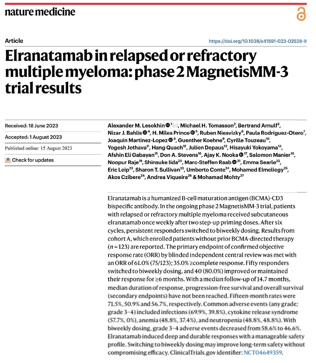 Thank you all for this smooth and important collaboration that lead to the approval of elranatamab by FDA @NatureMedicine @PfizerOncMed @LesokhinMD @NBahlis @AjayNookaMD @NoopurRajeMD @DrEmmaSearle @COMyCongress