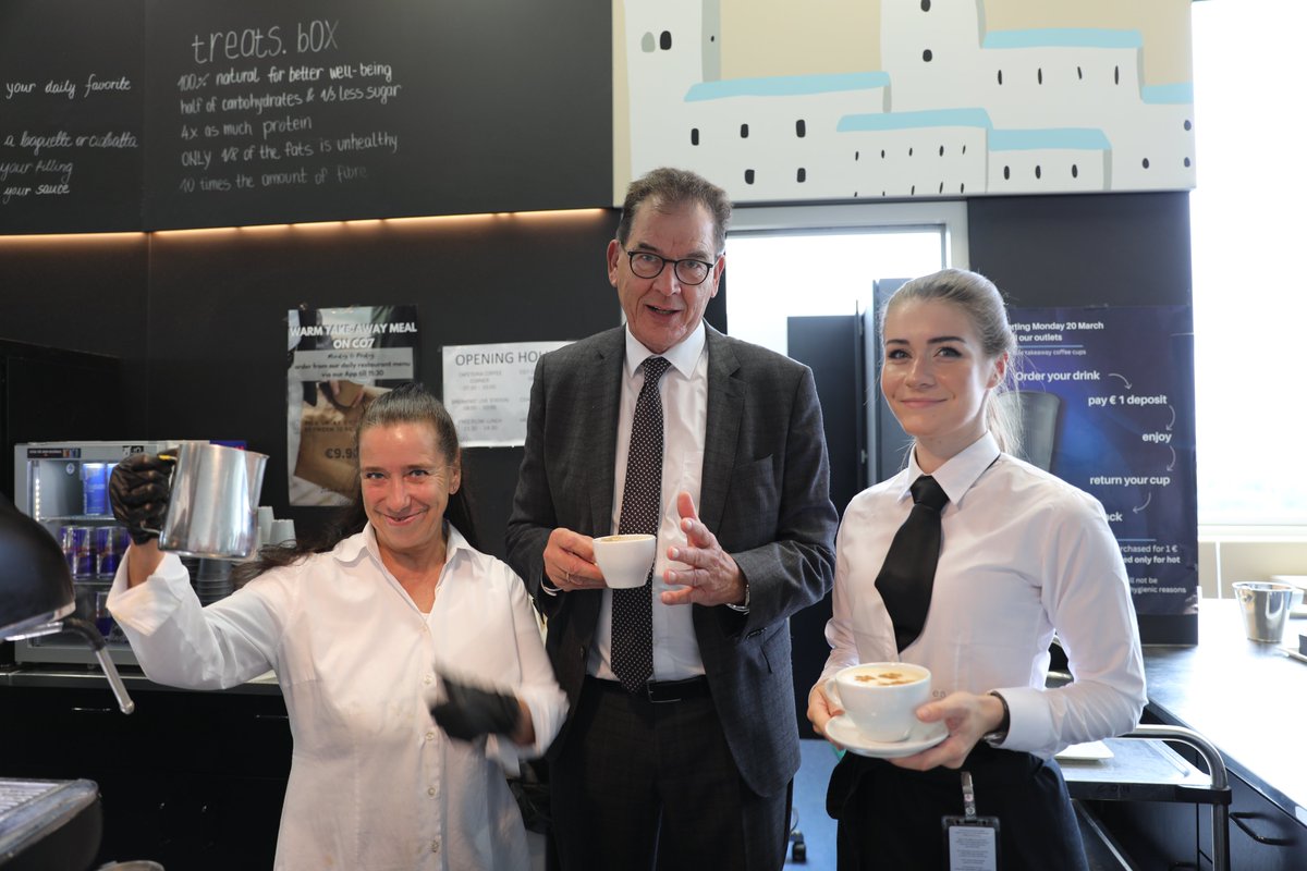 Photo of the week #3. 10 August 2023 - Director General Gerd Müller with Eurest staff celebrating the news that, as of 1 September, the entire coffee & tea range served in the UN's Vienna International Centre will be 100% fair trade products. (Photo: Eva Manasieva/UNIDO)