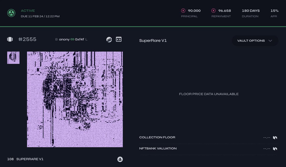 Massive 90 ETH half-year loan at 15% APR just went through on this 1/1 Xcopy

If my parents found out I just lent a stranger $165,000 for 6 months using these scrambled pixels as collateral they'd probably disown me but that's what makes all of this so fun in the first place