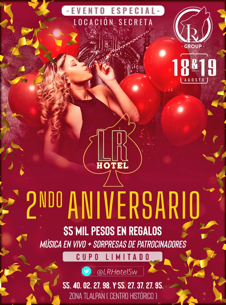 Hotel LR SW (@lrhotelsw) on Twitter photo Este fin de semana celebramos 2 años de estar contigo en este concepto de @HotelLR y queremos celebrar junto a ti.
Te esperamos viernes y sábado con música en vivo, regalos de patrocinadores y +5 mil pesos en premios (x día)
Cupo limitado, no te quedes fuera 
📲5540022798 Este fin de semana celebramos 2 años de estar contigo en este concepto de @HotelLR y queremos celebrar junto a ti.
Te esperamos viernes y sábado con música en vivo, regalos de patrocinadores y +5 mil pesos en premios (x día)
Cupo limitado, no te quedes fuera 
📲5540022798