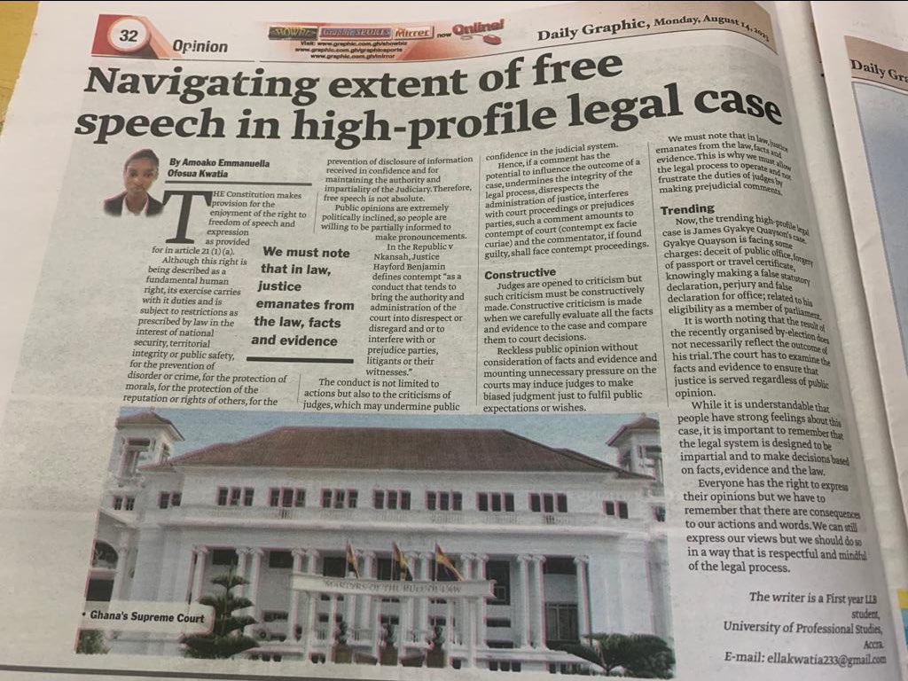 _mr_ask's tweet image. This article was written by Emmanuella Kwatia, a first year at the @UPSALawSchool .  Her interest in contributing to literacy and knowledge acquisition is so inspiring! On 14th August, 2023, she made her first appearance in the national newspaper; #DailyGraphic. Kudos to her 🥂