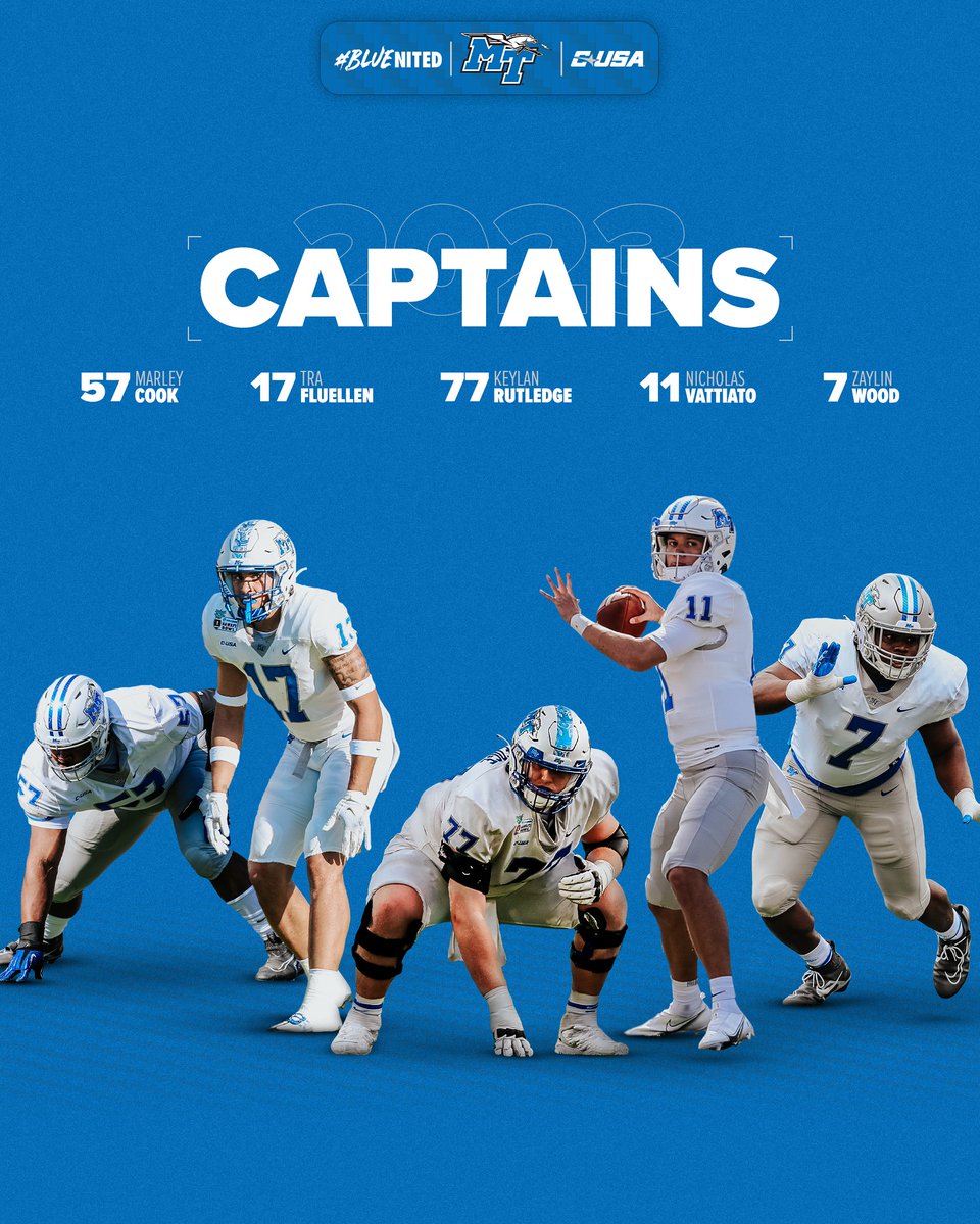 Meet your team captains for the 2023 season! 🏈 @marl3ycook57 🏈 @tra_fluellen 🏈 @Keylan301 🏈 @canesqb11 🏈 @zaylin_96 📰 Details: bit.ly/3QGYX9k #BLUEnited | #EATT